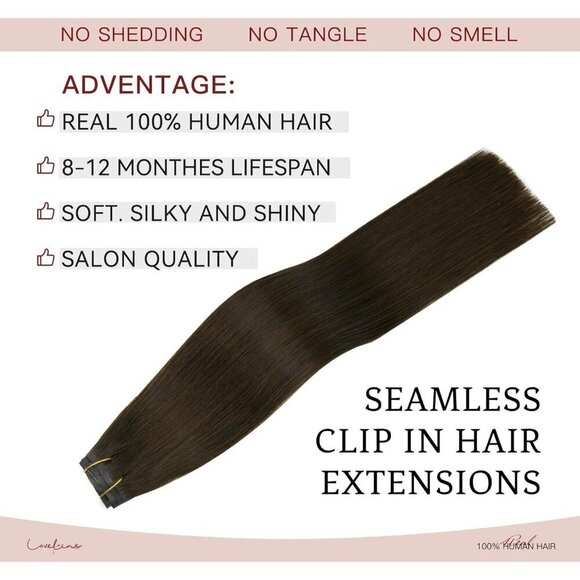 Real Human Hair Extensions Clip Ins 16 Inch Dark Brown 7 Pcs Seamless